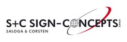 Logo von S+C Sign-Concepts GmbH mit Weltkugel und rotem Bogen, Text: Saloga & Corsten.