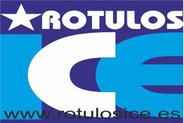 Logo de Rótulos ICE con estrella blanca y texto en azul. Sitio web: www.rotulosice.es.