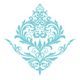 Blue ornate floral pattern with swirls and curves on a white background.