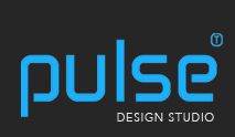 Logo von "Pulse Design Studio" in blauer Schrift auf schwarzem Hintergrund.