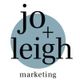 "Logo with 'jo + leigh marketing' in black text over a blue circle background."