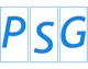 Blauer Text "PSG" auf weißem Hintergrund, jeder Buchstabe in einem eigenen rechteckigen Feld.