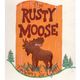 Sign with "The Rusty Moose" and a moose graphic, labeled "Tavern & Grill," with trees around.
