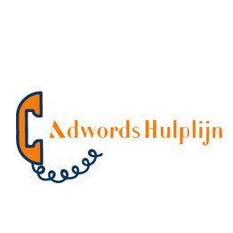 Telefoonhoorn met tekst "Adwords Hulplijn" in oranje letters naast een gedraaide kabel.