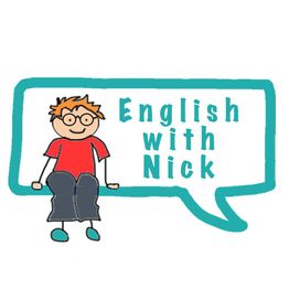 Illustration eines Kindes mit Brille und Text "English with Nick" in einer Sprechblase.