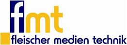Logo mit den Buchstaben "fmt" und dem Text "fleischer medien technik" in Blau und Gelb.