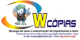 Logotipo da W Cópias com personagem animado e dados de contato para recarga de toners.
