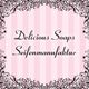 Pinker Hintergrund mit schwarzem, verschnörkeltem Rahmen und dem Text "Delicious Soaps Seifenmanufaktur".