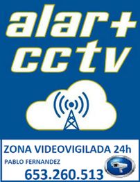 Señal de alarma CCTV con antena y texto sobre videovigilancia 24h y un número de contacto.