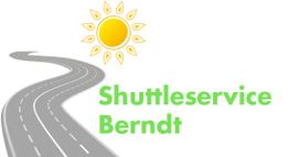 Gebogene Straße mit Sonne darüber und Text "Shuttleservice Berndt" in Grün.