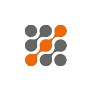 Kreise in Grau und Orange bilden ein symmetrisches Muster auf weißem Hintergrund.