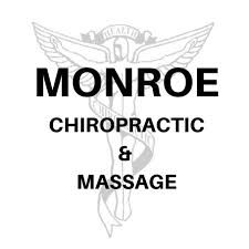 "Monroe Chiropractic & Massage logo with caduceus symbol in the background."