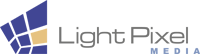 Logo von Light Pixel Media mit blauen und goldenen Pixeln links neben dem Firmennamen.
