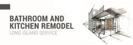 Text and sketch promoting bathroom and kitchen remodel services in Long Island.