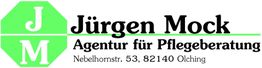Grünes Logo mit "JM", daneben "Jürgen Mock Agentur für Pflegeberatung" und Adresse in Olching.