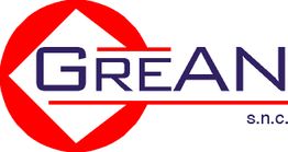 Logo con testo "GREAN s.n.c." su sfondo bianco e forme geometriche rosse.