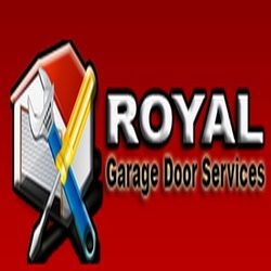 Logo: Royal Garage Door Services, tools and a garage graphic on a red background.
