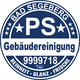 Blaue Plakette mit "PS Gebäudereinigung" und Kontaktdetails in Bad Segeberg.