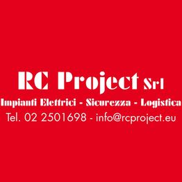 Logo rosso di RC Project Srl, impianti elettrici, sicurezza, logistica con contatti email e telefono.