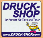 "Druck-Shop-Logo mit Slogan „Ihr Partner für Tinte und Toner“ und einer lächelnden Comic-Figur."