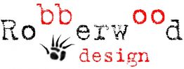 Schriftzug "Robberwood design" mit roten und schwarzen Buchstaben, Pfotenabdruck unter "b".