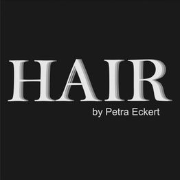 Text "HAIR by Petra Eckert" in Weiß auf schwarzem Hintergrund.