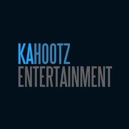 Logo for Kahootz Entertainment with blue and gray text on a dark background.