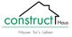 Logo mit Hausform, Text "construct Haus", Slogan "Häuser für's Leben", grün und schwarz.