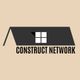 Logo of Construct Network featuring a stylized roof and window on a beige background.