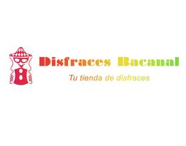 Logo de "Disfraces Bacanal" con texto "Tu tienda de disfraces" y figura de persona en disfraz.