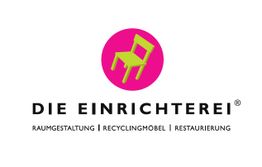 Logo: Grüner Stuhl auf rosa Kreis, Text: "Die Einrichterei", mit Auflistung von Dienstleistungen.