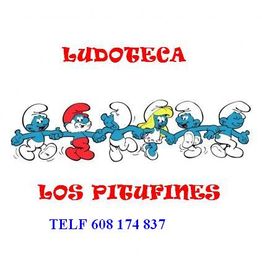 Ludoteca Los Pitufines con dibujos de pitufos y el número de teléfono 608 174 837.
