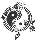 Yin-Yang-Symbol mit einem stilisierten Drachen, der das Zeichen umkreist.