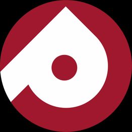 Logo con forma abstracta en rojo y blanco sobre fondo circular rojo.