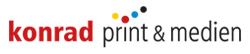Logo von "konrad print & medien" mit bunten Punkten.