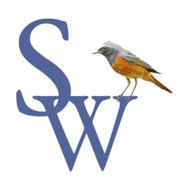 Großer blauer Buchstabe "S" und "W" mit einem kleinen Vogel, der darauf sitzt.