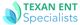 Logo of Texan ENT Specialists with stylized blue and green leaves on the left.