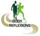 Twee silhouetten en het logo "Body Reflexions" op een achtergrond met golvende lijnen.