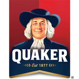 Homem com chapéu em logotipo Quaker; texto "Est 1877" abaixo. Fundo vermelho e azul.