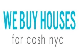 Text: "We buy houses for cash NYC" in blue and gray letters on white background.
