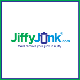 Jiffy Junk logo with slogan "We'll remove your junk in a jiffy" on white background.