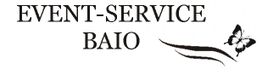Logo mit Text "EVENT-SERVICE BAIO", einem Schmetterling und geschwungenen Linien.