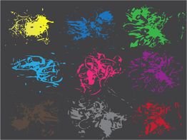 Abstract colorful splatter art, featuring nine vibrant patches on a dark background.