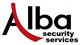 Alba Security Services Logo mit geschwungenem roten Element am Buchstaben A.
