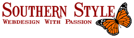 Logo mit Text: "Southern Style Webdesign With Passion" und einem Schmetterling rechts.