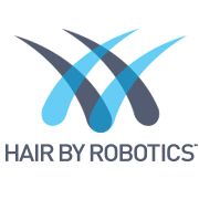 Logo with blue and gray stylized hair strands, text: "Hair By Robotics".