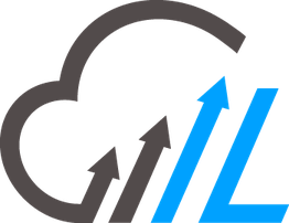 Logo mit grauer Wolke und blauen Pfeilen, zeigt Wachstum und Technologie.