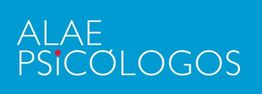 Texto "ALAE PSICÓLOGOS" en fondo azul, con punto rojo en la letra "i" de psicólogos.