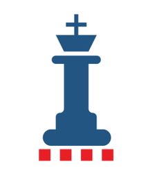 Blaues Schachfigur-Logo mit fünf roten Quadraten unten und einem Kreuz oben.