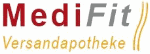 Logo der MediFit Versandapotheke mit rot-grauer Schrift und gelben Linien.
